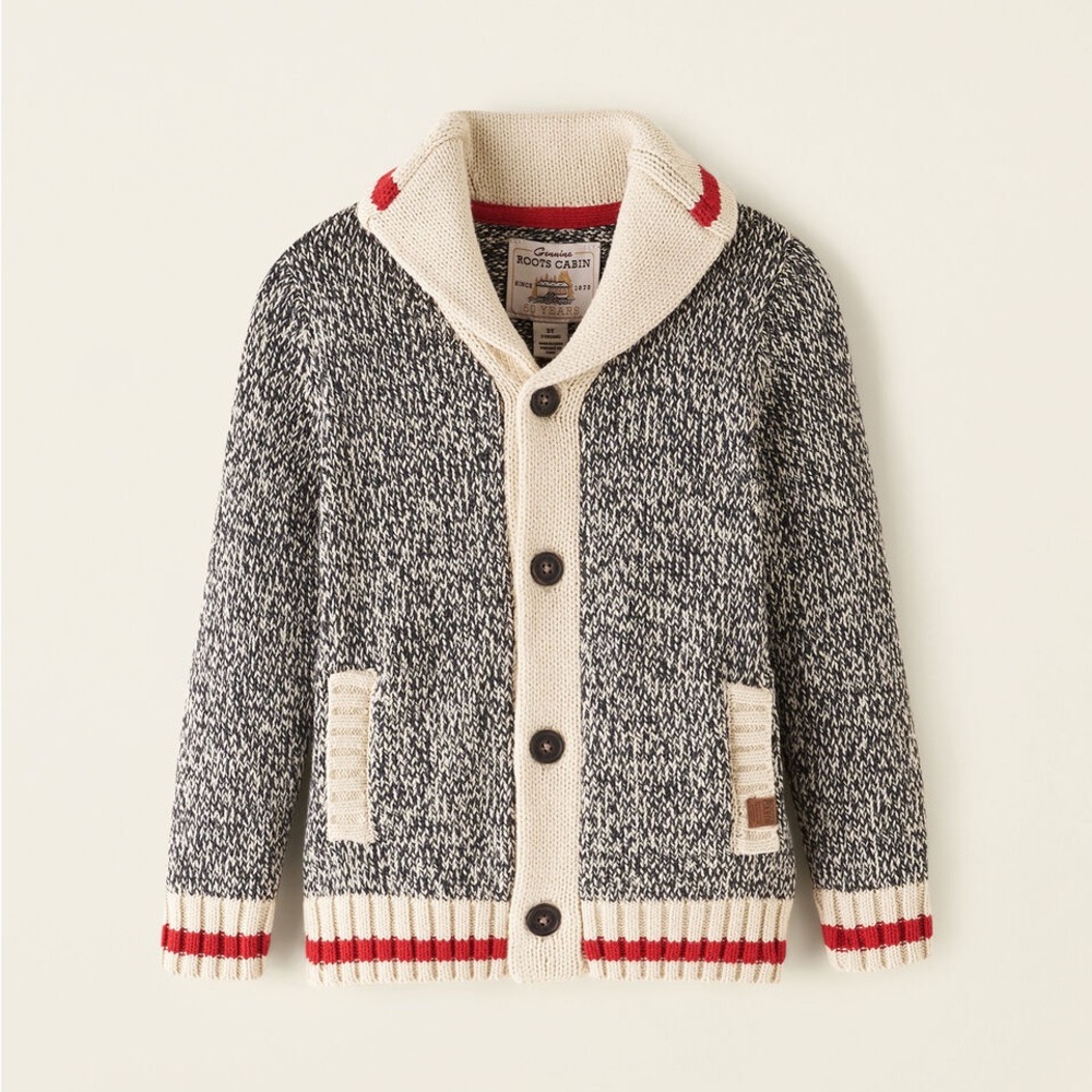 New ROOTS Classic Cabin  Knit Cardigan Sweater with Elbow Patches